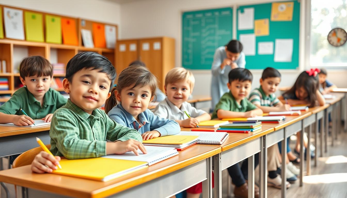 Students studying together in modern classroom